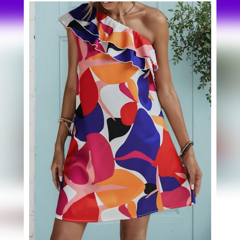 Amazon Essentials Orange and Blue One Shoulder A-line Dress